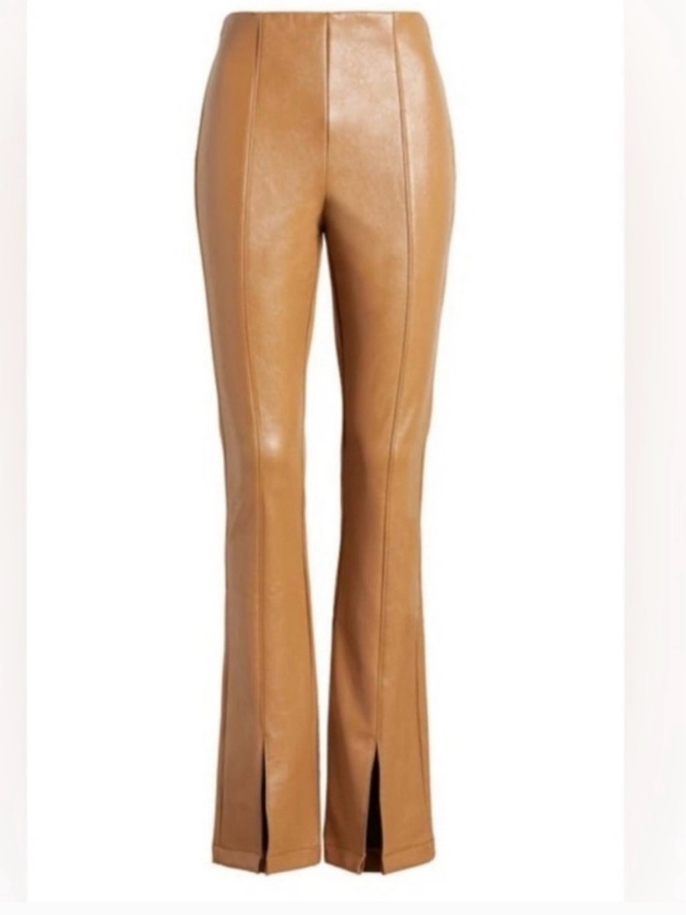 AFRM Camel Faux Leather Flare Pants with Front Leg Slits